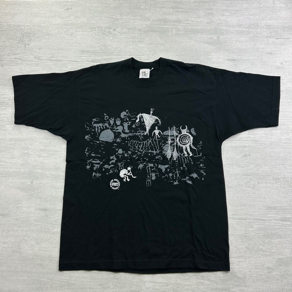 Vintage 90s Native American Design Shirt Size XL Black Cyber Grunge Nature